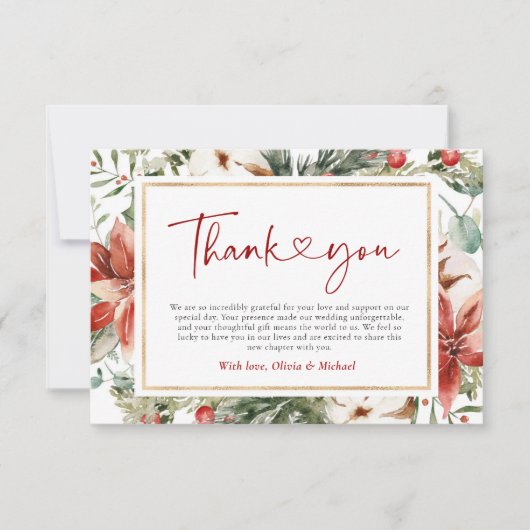 Kerst Winter Rood Groen Goud Huwelijk Bedankkaart (Voorkant)