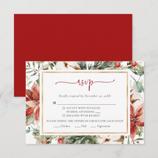 Kerst Winter Rood Groen Goud Huwelijk RSVP Kaart (Voorkant / Achterkant)
