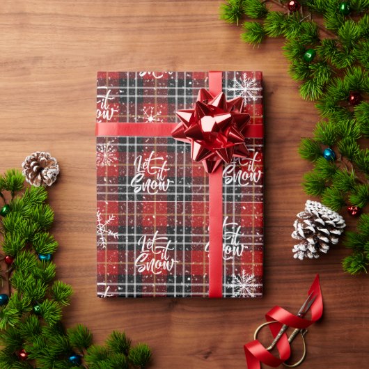 Kerst Winter Rood Zwart Plaid LET IT SNEEUW Cadeaupapier (Feestdagen Geschenken)