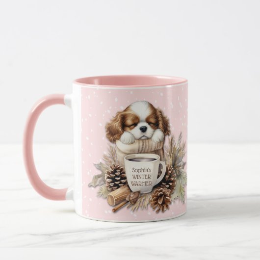 Kerst Winter Roze Cavalier King Charles Puppy Mok (Links)