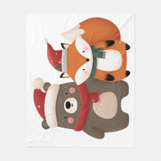 Kerst/Winter Schattige Beer & Fox Fleece Deken (Voorkant)