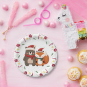 Kerst/Winter Schattige Beer & Fox Papieren Bordje (Feest)