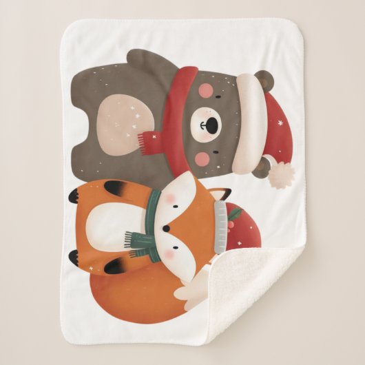 Kerst/Winter Schattige Beer & Fox Sherpa Deken (Voorkant)