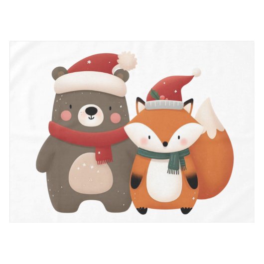 Kerst/Winter Schattige Beer & Fox Tafelkleed (Voorkant (Horizontaal))