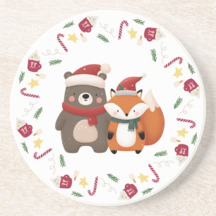 Kerst/Winter Schattige Beer & Fox Zandsteen Onderzetter