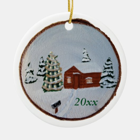 Kerst Winter Sneeuw Scène Cabine Bomen Ornamenten (Voorkant)