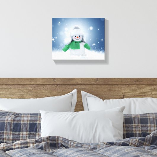 Kerst winter sneeuwpop SlipperyJoe groene sjaal Canvas Afdruk (Insitu (Slaapkamer))
