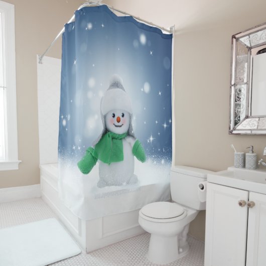 Kerst winter sneeuwpop SlipperyJoe groene sjaal Douchegordijn (In situ)