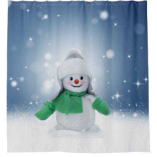 Kerst winter sneeuwpop SlipperyJoe groene sjaal Douchegordijn (Voorkant)