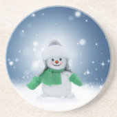 Kerst winter sneeuwpop SlipperyJoe groene sjaal Zandsteen Onderzetter (Voorkant)