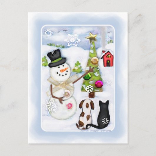 Kerst Winter Snowman & Pets Briefkaart (Voorkant)