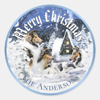 Kerst Winter Sprookje, Collies en Lammetjes - Ronde Sticker