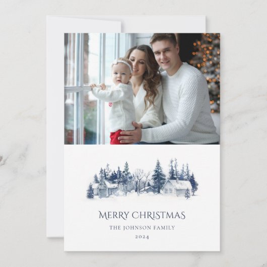 Kerst Winter Village Landschap Blauw Foto Feestdagenkaart (Voorkant)