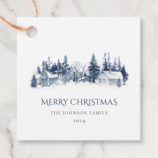 Kerst Winter Village Landschap Blauw Wit Bedankjes Labels (Voorkant)