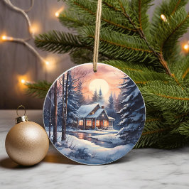 Kerst Winter Woodland Waterverf Gezellige Cabin Keramisch Ornament