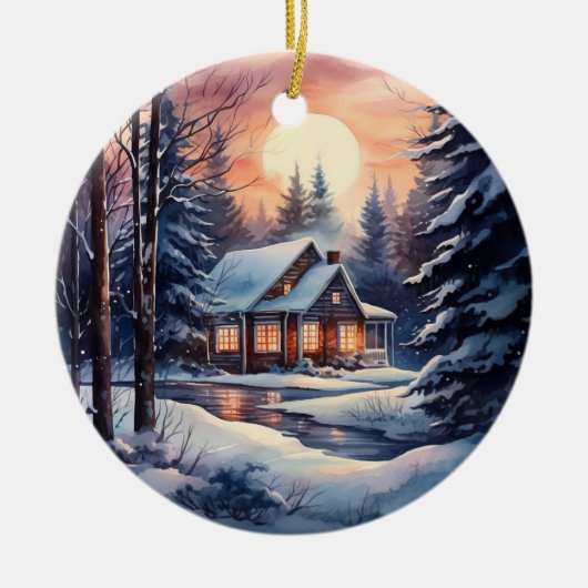 Kerst Winter Woodland Waterverf Gezellige Cabin Keramisch Ornament (Voorkant)