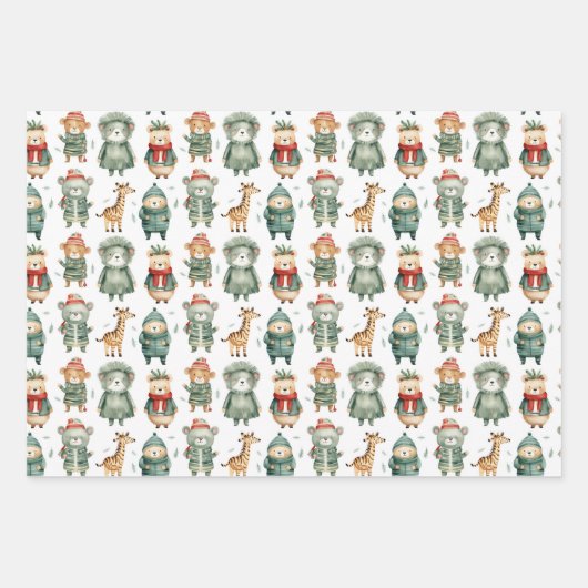 Kerst Winter Zoo Dieren in Truien Inpakpapier Vel (Voorkant 2)