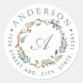 Kerst Winterbessen Krans Monogram Adres Ronde Sticker (Voorkant)