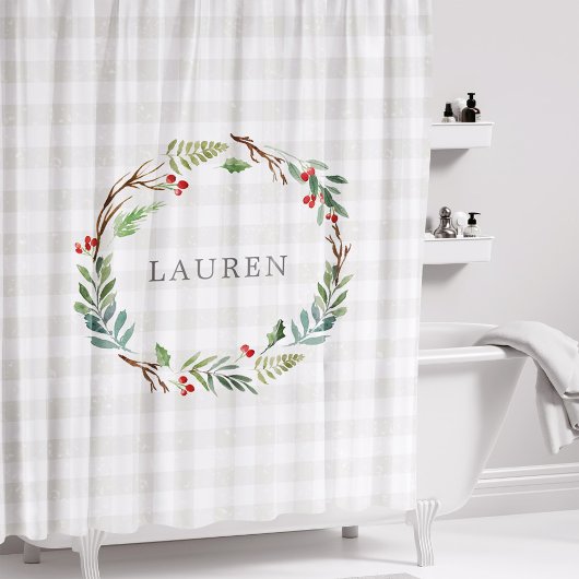Kerst Winterbessen Krans Monogram Douchegordijn