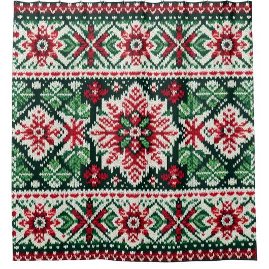 Kerst/Winterbeurs eiland rood & groen Douchegordijn (Voorkant)