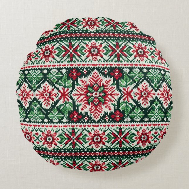 Kerst/Winterbeurs eiland rood & groen Rond Kussen (Voorkant)
