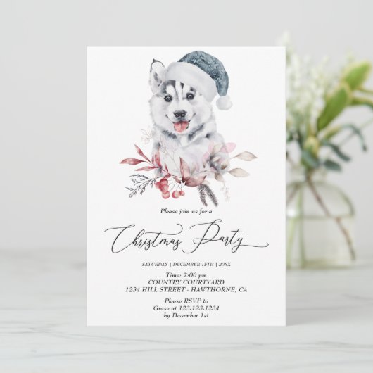 Kerst-winterfeest met een echte husky kaart (Staand voorkant)