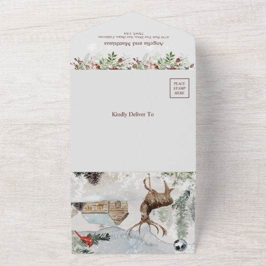 Kerst Wintery groen rood kardinaal bruiloft All In One Uitnodiging (Buitenkant)