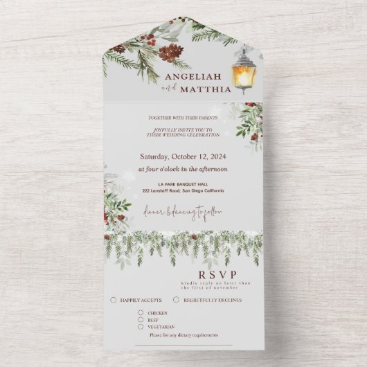 Kerst Wintery groen rood kardinaal bruiloft All In One Uitnodiging (Binnen)