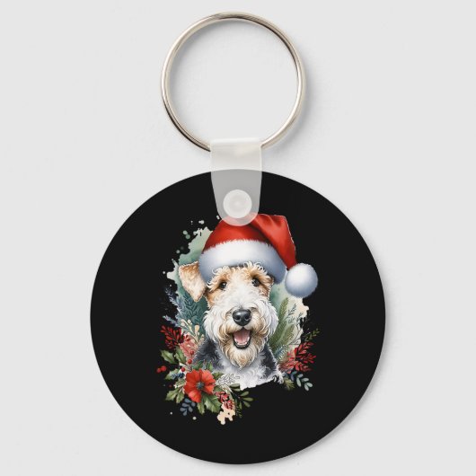 Kerst Wire Fox Terrier Hond Watercolor Kunstwerk Sleutelhanger (Voorkant)