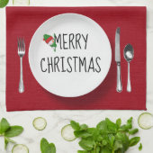 Kerst Wit Bord en Bestek Keukenhanddoek (Gevouwen)