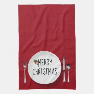 Kerst Wit Bord en Bestek Keukenhanddoek