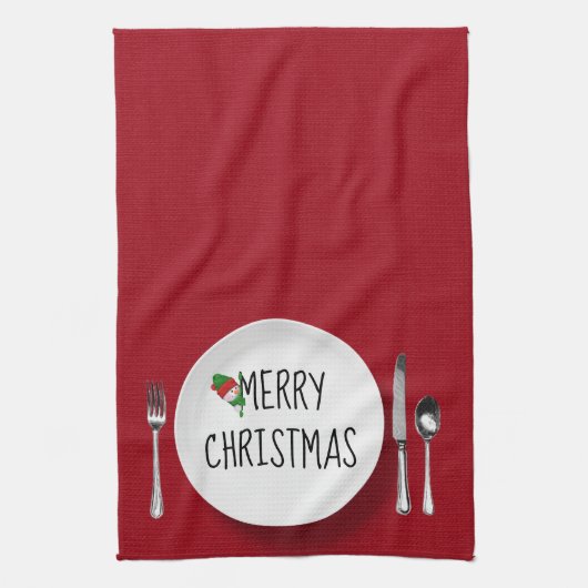 Kerst Wit Bord en Bestek Keukenhanddoek (Verticaal)