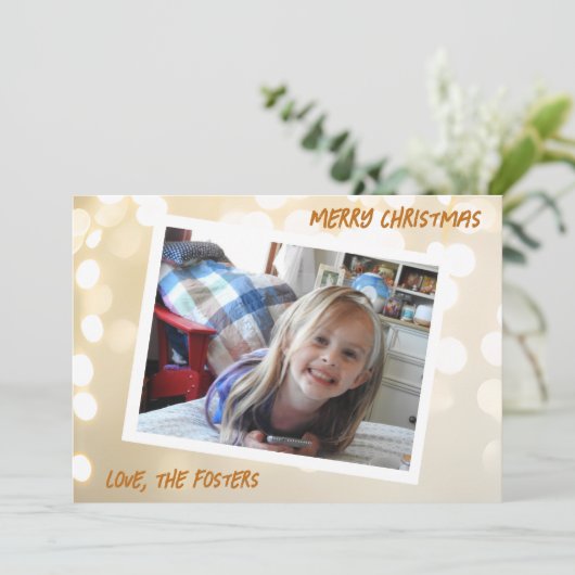 Kerst Wit en Goud Bokeh Foto Vakantie Feestdagenkaart (Staand voorkant)