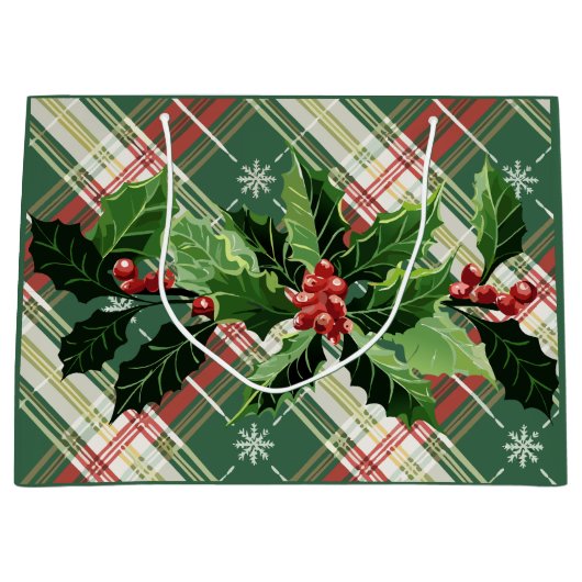 Kerst Wit Goud Geruit Met Krans Groot Cadeauzakje (Voorkant)