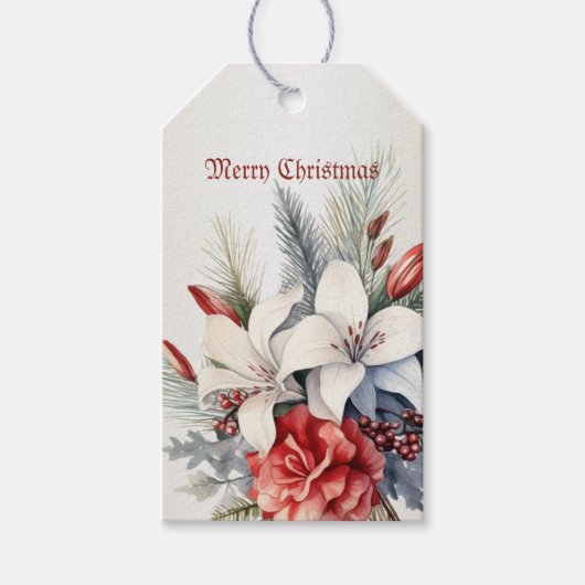 Kerst Wit Rode Bloemen Feestdagen Elegant Cadeaulabel (Voorkant)