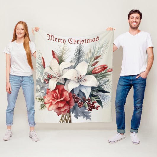 Kerst Wit Rode Bloemen Vakantie Elegant Fleece Deken (In situ)