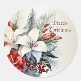 Kerst Wit Rode Bloemen Vakantie Elegant Ronde Sticker