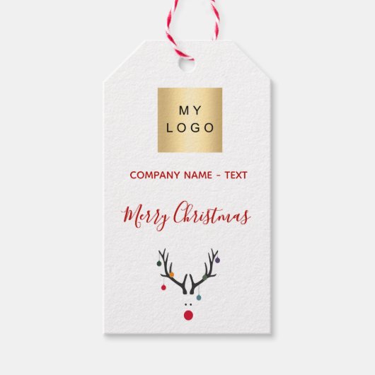 Kerst wit rood rendier zakelijk logo cadeaulabel (Voorkant)