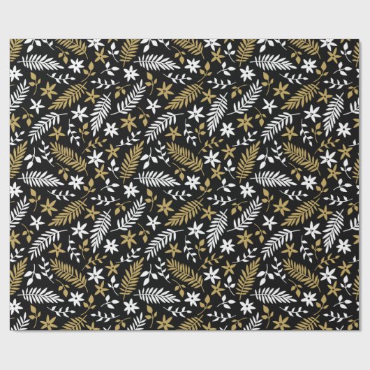Kerst Wit Zwart Goud Botanisch Patroon Cadeaupapier (Vlak)