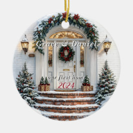Kerst Witte Deur Krans "ons eerste huis" Keramisch Ornament