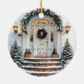 Kerst Witte Deur Krans "ons eerste huis" Keramisch Ornament (Achterkant)