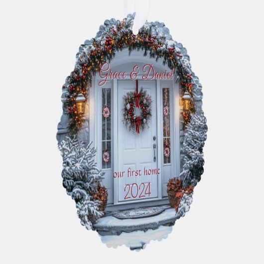 Kerst Witte Deur Krans "ons eerste huis" Ornament Kaart (Rechts)