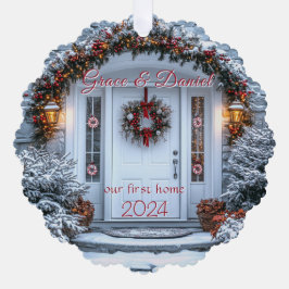 Kerst Witte Deur Krans "ons eerste huis" Ornament Kaart