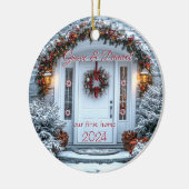 Kerst witte deurkrans "ons eerste thuis" keramisch ornament (Links)