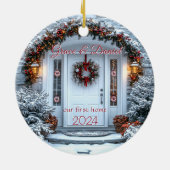 Kerst witte deurkrans "ons eerste thuis" keramisch ornament (Achterkant)