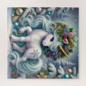 Kerst witte eenhoorn met gouden hoorn legpuzzel (Horizontaal)