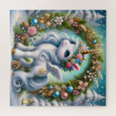 Kerst witte eenhoorn met gouden hoorn legpuzzel (Horizontaal)