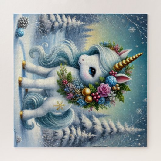 Kerst witte eenhoorn met gouden hoorn legpuzzel (Horizontaal)