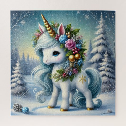 Kerst witte eenhoorn met gouden hoorn legpuzzel (Verticaal)