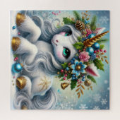 Kerst witte eenhoorn met gouden hoorn legpuzzel (Horizontaal)